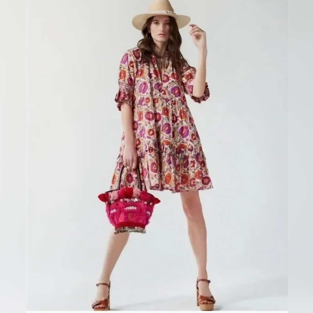 Figue Halima Dress Flowering White Vine Orange Purple Floral Short Sleeve